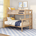 Modern wooden bunk bed in a bright kids' bedroom with yellow curtains, blue-and-white bedding, cozy pillows, ladder and daisy wall art