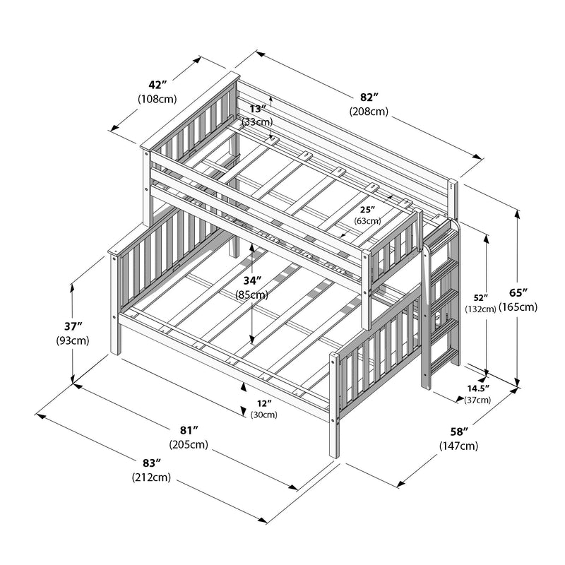 Isometric bunk bed dimensions diagram showing a wooden twin-over-twin loft bunk bed frame with ladder, guardrails, slats and support beams, annotated measurements in inches and cm