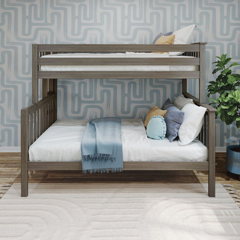 Wooden bunk bed with stylish bedding and pillows in a modern bedroom setting.