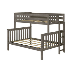 Wooden twin over full bunk bed with built-in ladder and slatted design.