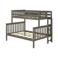 Gray wooden twin-over-full bunk bed frame with ladder and slatted guardrails, space-saving loft design in modern rustic finish