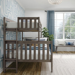 Modern kids room with wooden bunk bed, contemporary wallpaper, and large window with blue curtains.