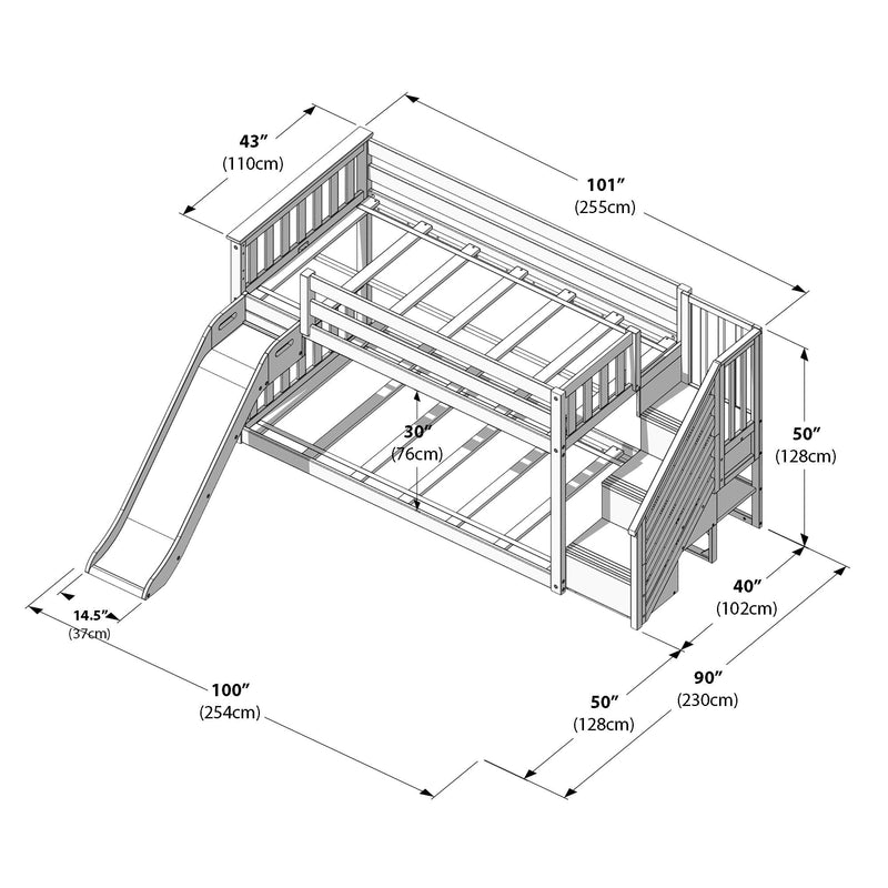 Loft-style wooden kids bunk bed with slide, staircase and built-in storage drawers — assembly diagram with measurements