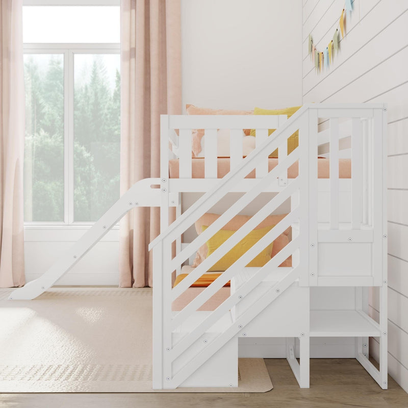 White kids loft bed with slide and stairs in modern bedroom.
