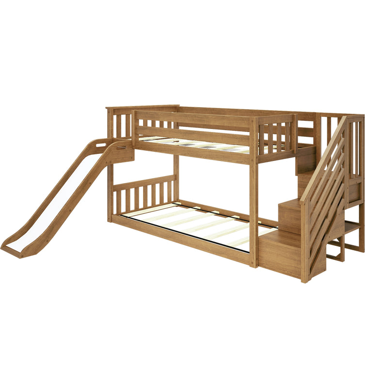 Solid wood kids bunk bed with built-in slide and staircase storage in natural finish loft design, space-saving children's bedroom furniture