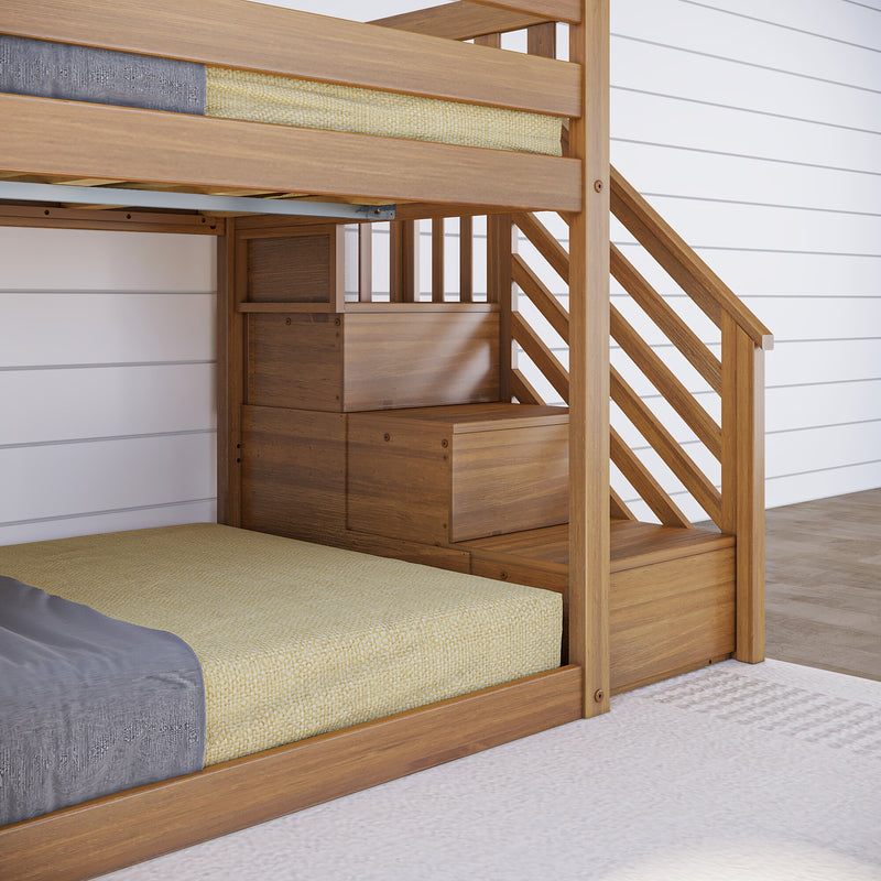 Wooden bunk bed with stairs, featuring a modern design and yellow bedding.