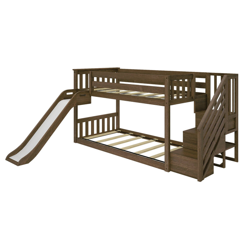 Dark brown wooden two-level kids bunk bed with slide and staircase storage, platform design with guardrails and slatted mattress supports