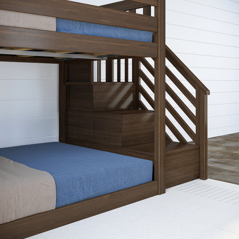 Wooden bunk bed with built-in storage staircase and blue bedding, space-saving modern farmhouse bedroom with shiplap wall and hardwood floor