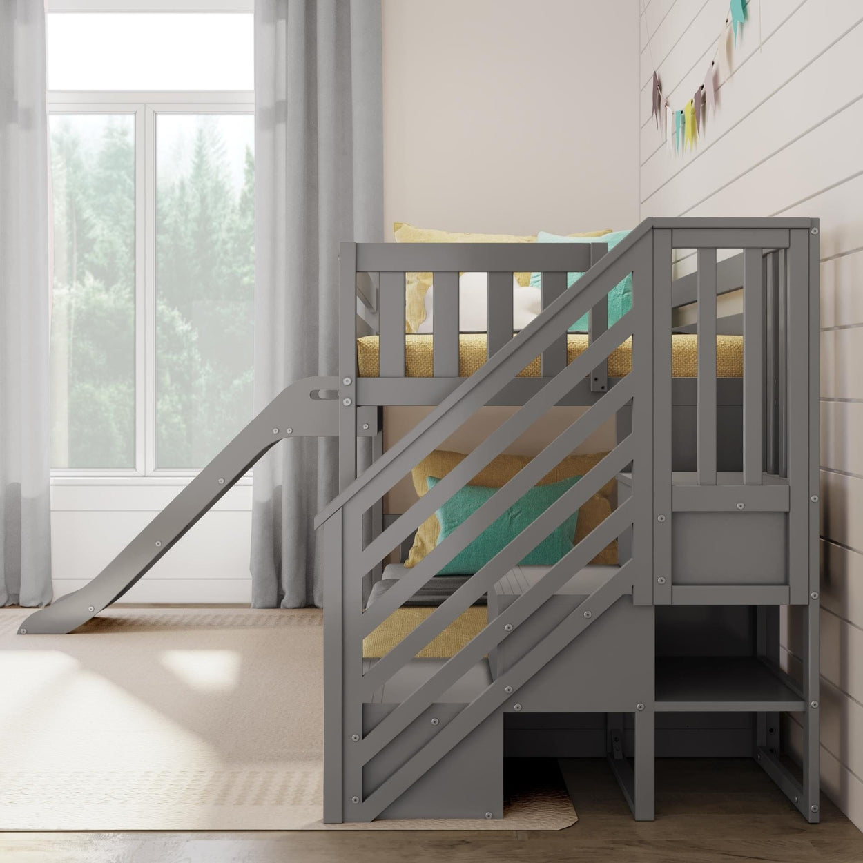 185421-121 : Bunk Beds Classic Low Bunk with Stairs and Easy Slide, Grey