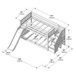 Diagram of a wooden children's loft bunk bed with slide and built-in staircase, safety rails and under-bed platform, labeled dimensions in inches and centimeters (101" length, 50" height, 100" slide length, 43" depth).