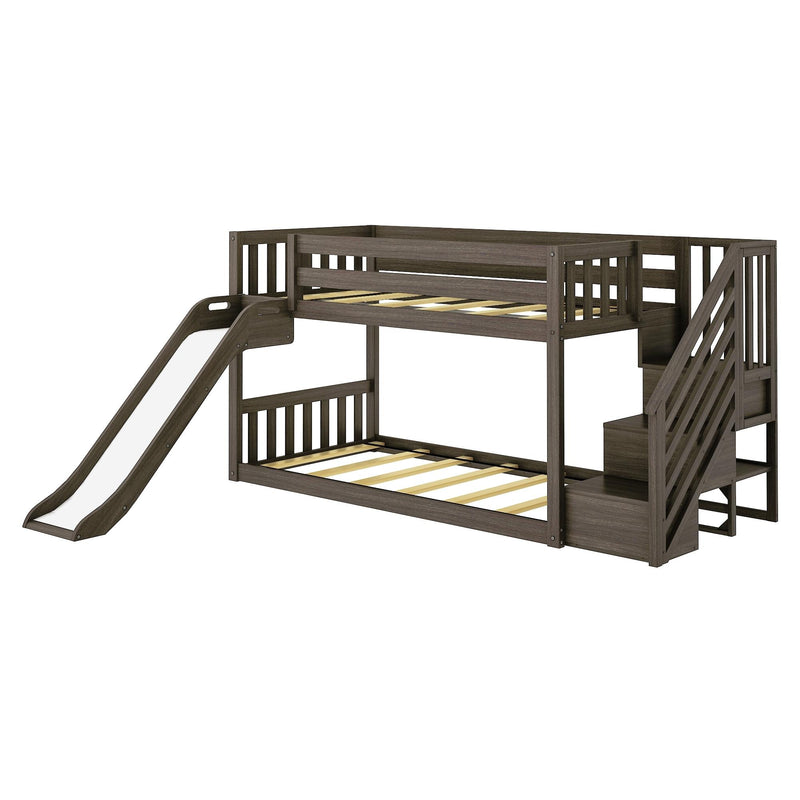 Wooden bunk bed with slide and stairs for kids' bedroom furniture.