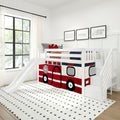 Kids loft bed with slide and stairs, white wooden frame with red fire truck play curtain in a modern children's bedroom with large window and patterned rug