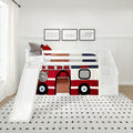 White kids loft bed with slide and red fire truck play tent underneath in a modern children's bedroom with framed truck sketches and dotted rug