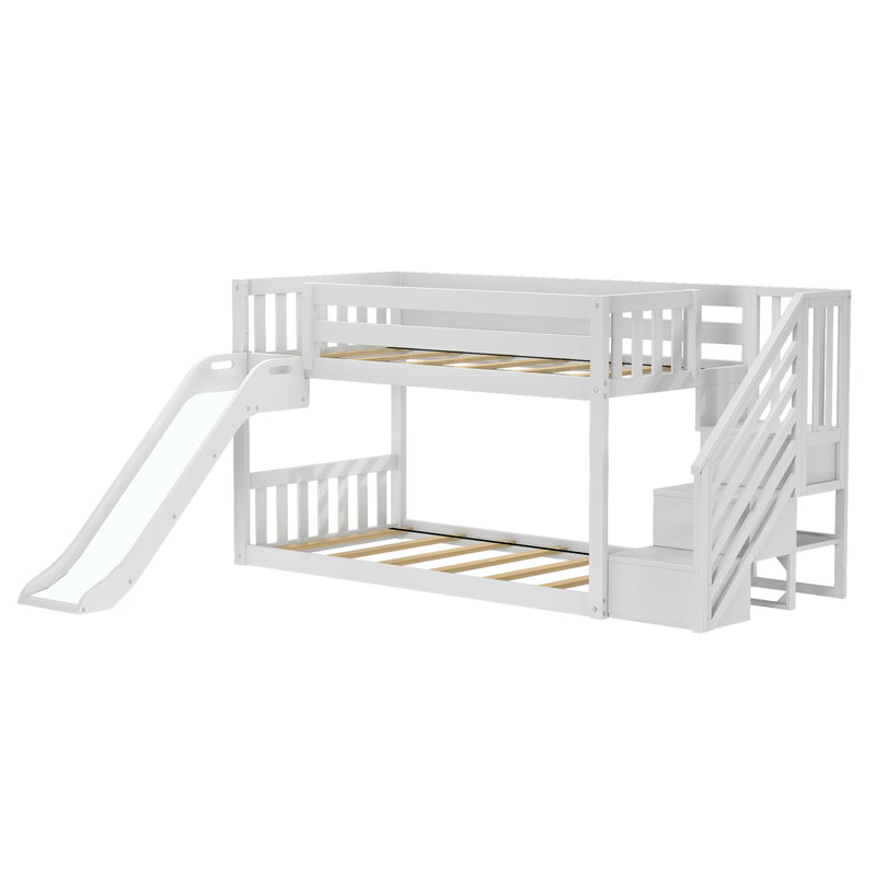 White wooden bunk bed with slide and stairs for kids.