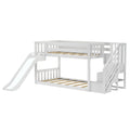 White wooden twin-over-twin bunk bed with slide and built-in storage stairs, modern kids' loft bed frame for children's bedroom