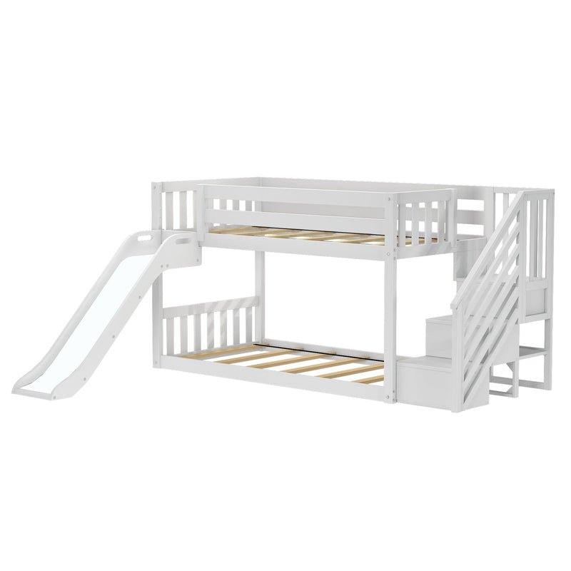 White wooden twin-over-twin bunk bed with slide and built-in storage stairs, modern kids' loft bed frame for children's bedroom