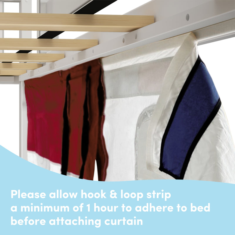 Curtain installation using hook and loop strip on a loft bed with adherence instructions.