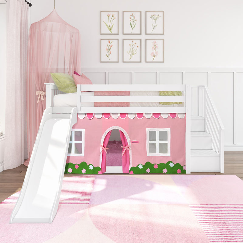 White wooden kids loft bed with slide and stairs featuring a pink playhouse curtain, pastel pillows and floral wall art, ideal girls' bedroom decor