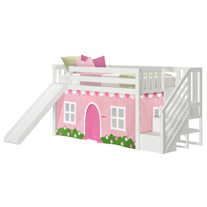 White wooden kids loft bed with slide and staircase storage, pink playhouse curtain and twin mattress, children's bedroom furniture