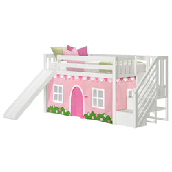 Children's playhouse loft bed with slide and pink castle design.