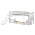 White wooden kids’ bunk bed with slide and staircase storage, slatted twin-size frames, space-saving design