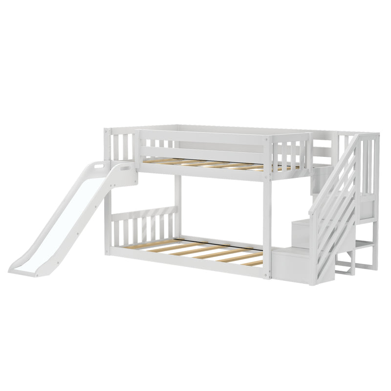 White wooden kids’ bunk bed with slide and staircase storage, slatted twin-size frames, space-saving design