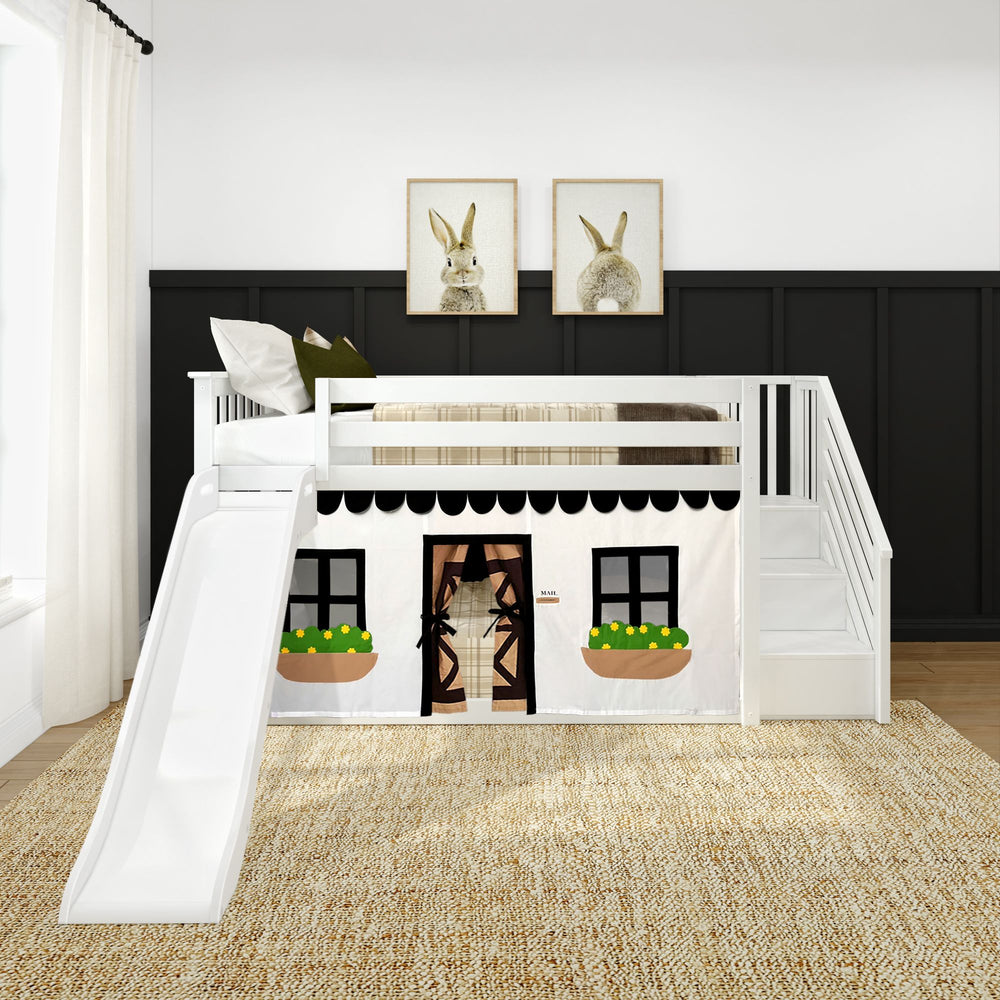 Children's white loft bed with slide and playhouse, featuring black accents and decorative bunny art.