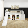 White wooden kids loft bed with slide and stairs, house-style playhouse curtain with flower boxes, plaid bedding, bunny wall art and natural jute rug in a modern neutral nursery