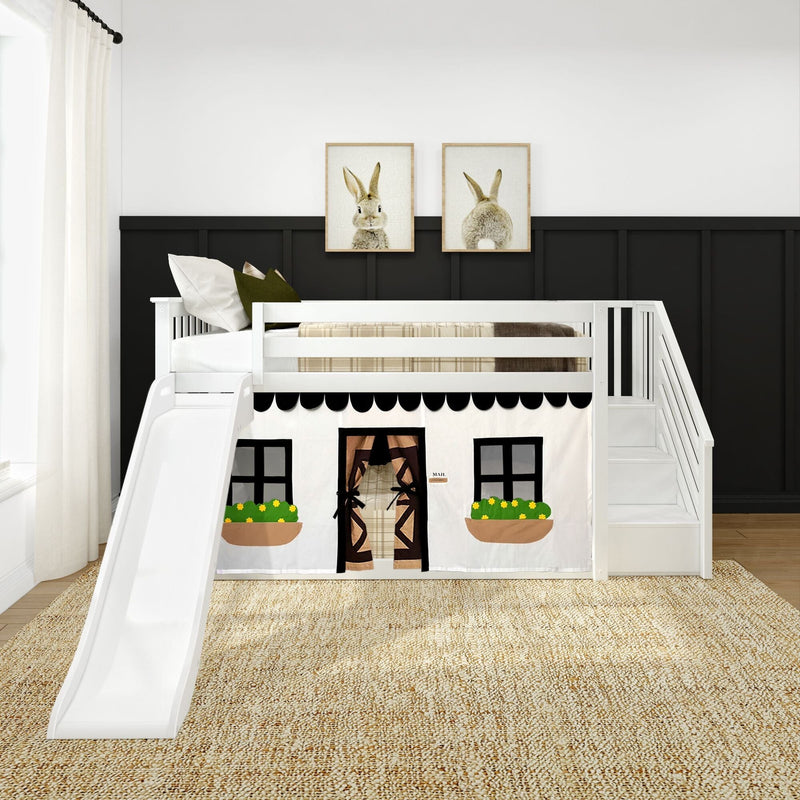 White wooden kids loft bed with slide and stairs, house-style playhouse curtain with flower boxes, plaid bedding, bunny wall art and natural jute rug in a modern neutral nursery