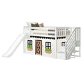 White wooden twin loft bed for kids with slide, built-in storage stairs and playhouse curtain featuring windows, door and flower boxes