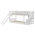 White wooden bunk bed with slide and staircase with built-in storage, modern kids loft bed for children's bedrooms