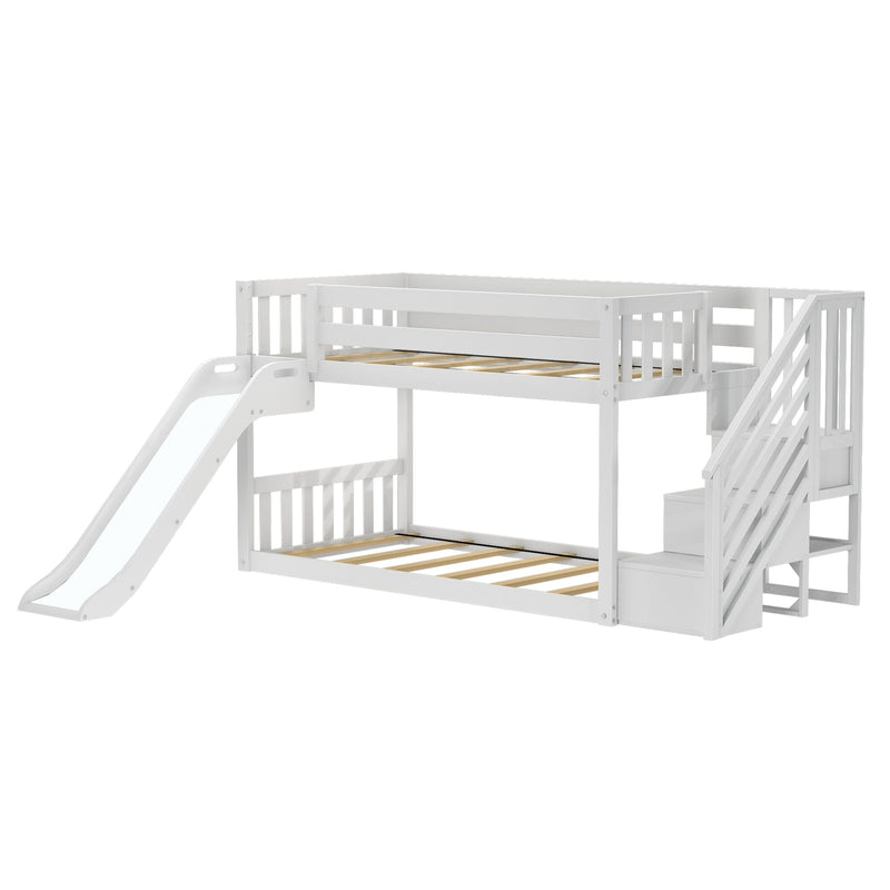 White wooden bunk bed with slide and staircase with built-in storage, modern kids loft bed for children's bedrooms