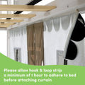 White bed canopy privacy curtain with brown mesh doorway on wooden slatted frame, hook-and-loop adhesive strip — allow minimum 1 hour to adhere before attaching curtain