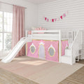 White wooden kids loft bed with slide and staircase, pink princess playhouse curtain, crown pillow and bunting in girls' bedroom
