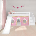 White wooden loft bed with slide and stairs, pink princess play tent with gold trim and round windows in a pastel girls' bedroom