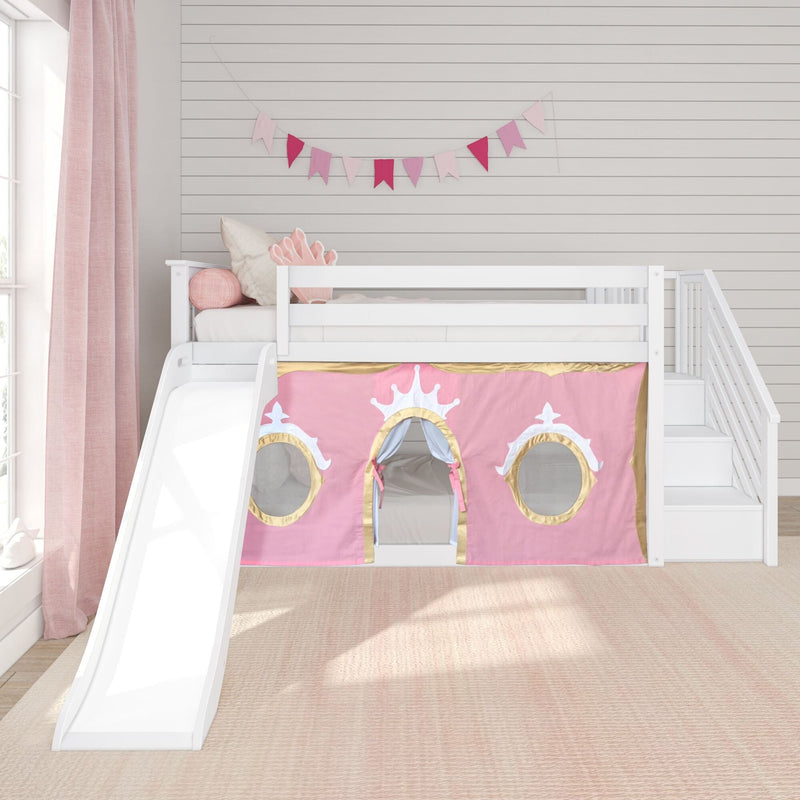 White wooden loft bed with slide and stairs, pink princess play tent with gold trim and round windows in a pastel girls' bedroom