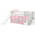 Kids white wooden loft bed with slide and stairs featuring pink princess-themed playhouse curtain, crown pillow and under-bed play area