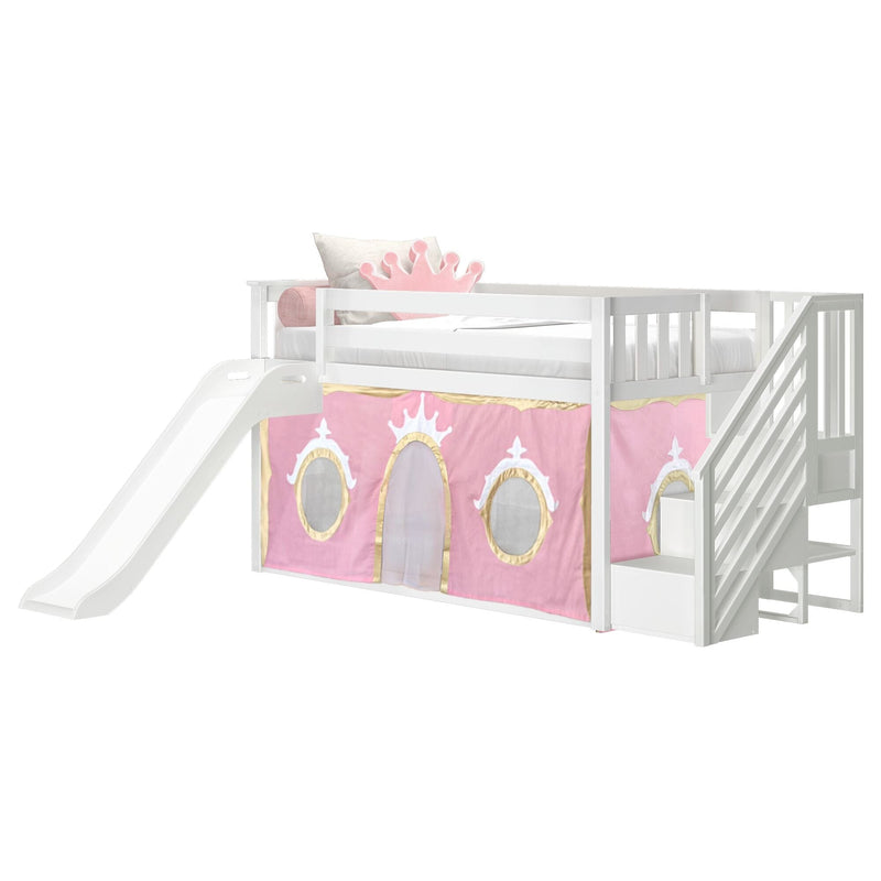 Kids white wooden loft bed with slide and stairs featuring pink princess-themed playhouse curtain, crown pillow and under-bed play area