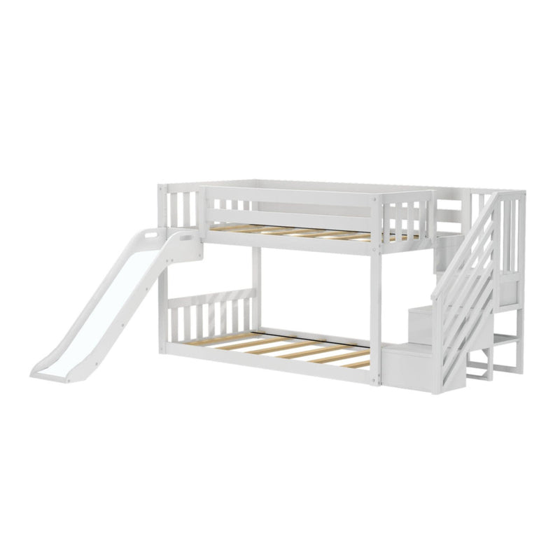 White wooden bunk bed with stairs and slide for kids.