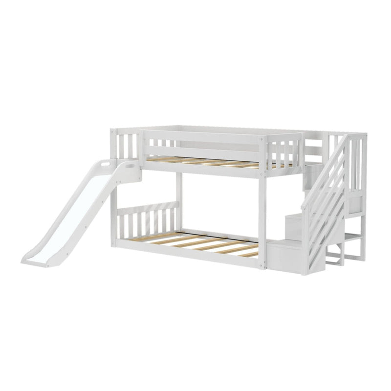 White wooden bunk bed with slide and built-in storage stairs, space-saving loft-style kids bed with safety guardrails
