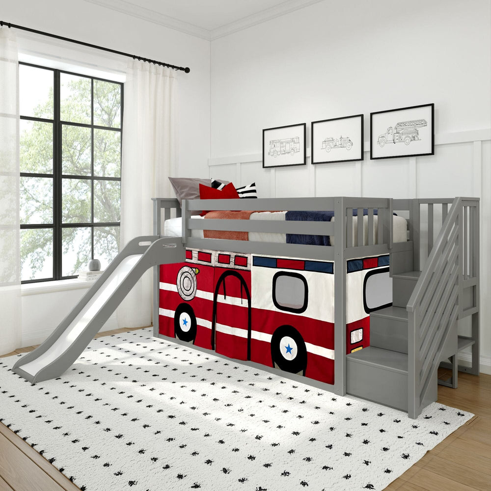 185421121043 : Bunk Beds Low Bunk With Stairs, Easy Slide & Firetruck Curtain, Grey