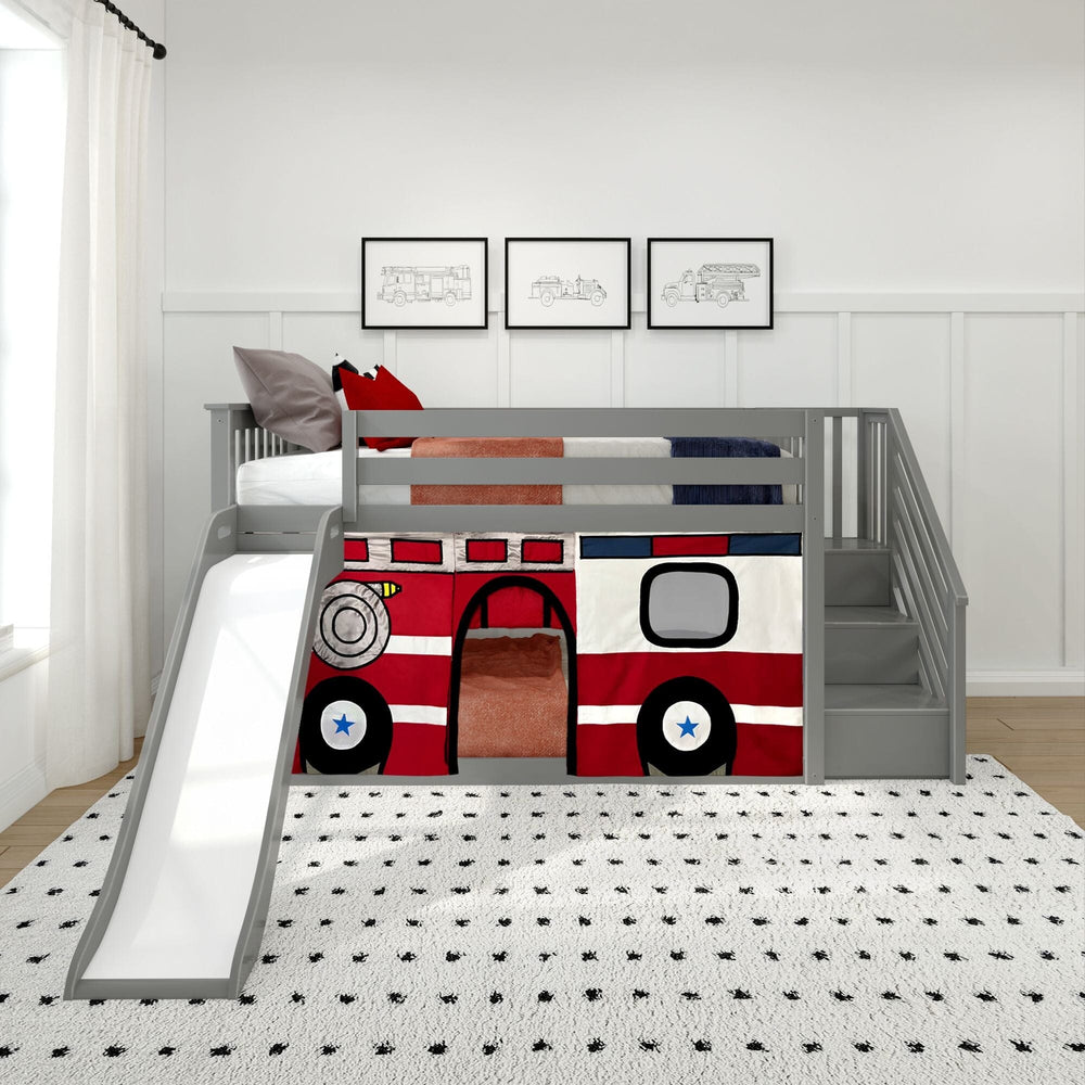 185421121043 : Bunk Beds Low Bunk With Stairs, Easy Slide & Firetruck Curtain, Grey