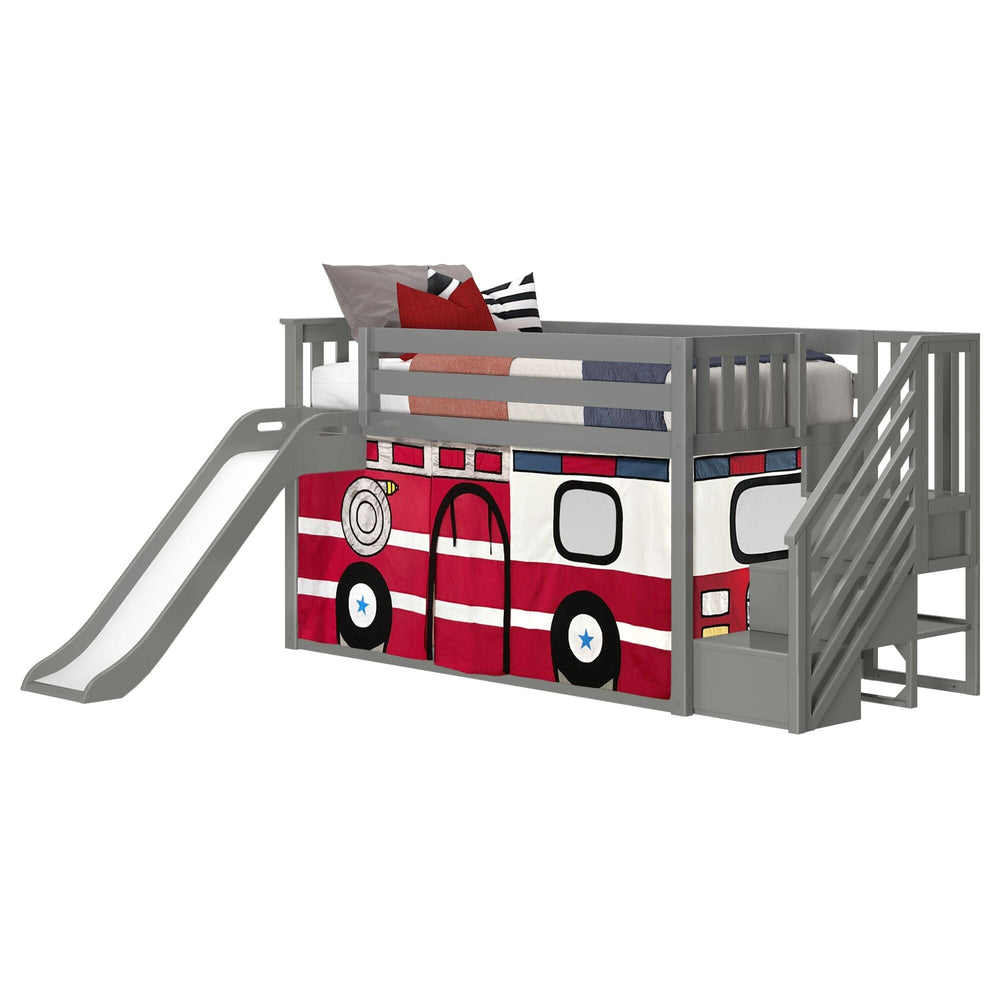 185421121043 : Bunk Beds Low Bunk With Stairs, Easy Slide & Firetruck Curtain, Grey