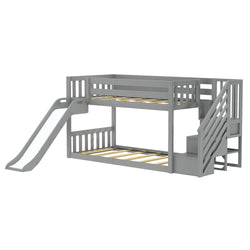 185421121043 : Bunk Beds Low Bunk With Stairs, Easy Slide & Firetruck Curtain, Grey