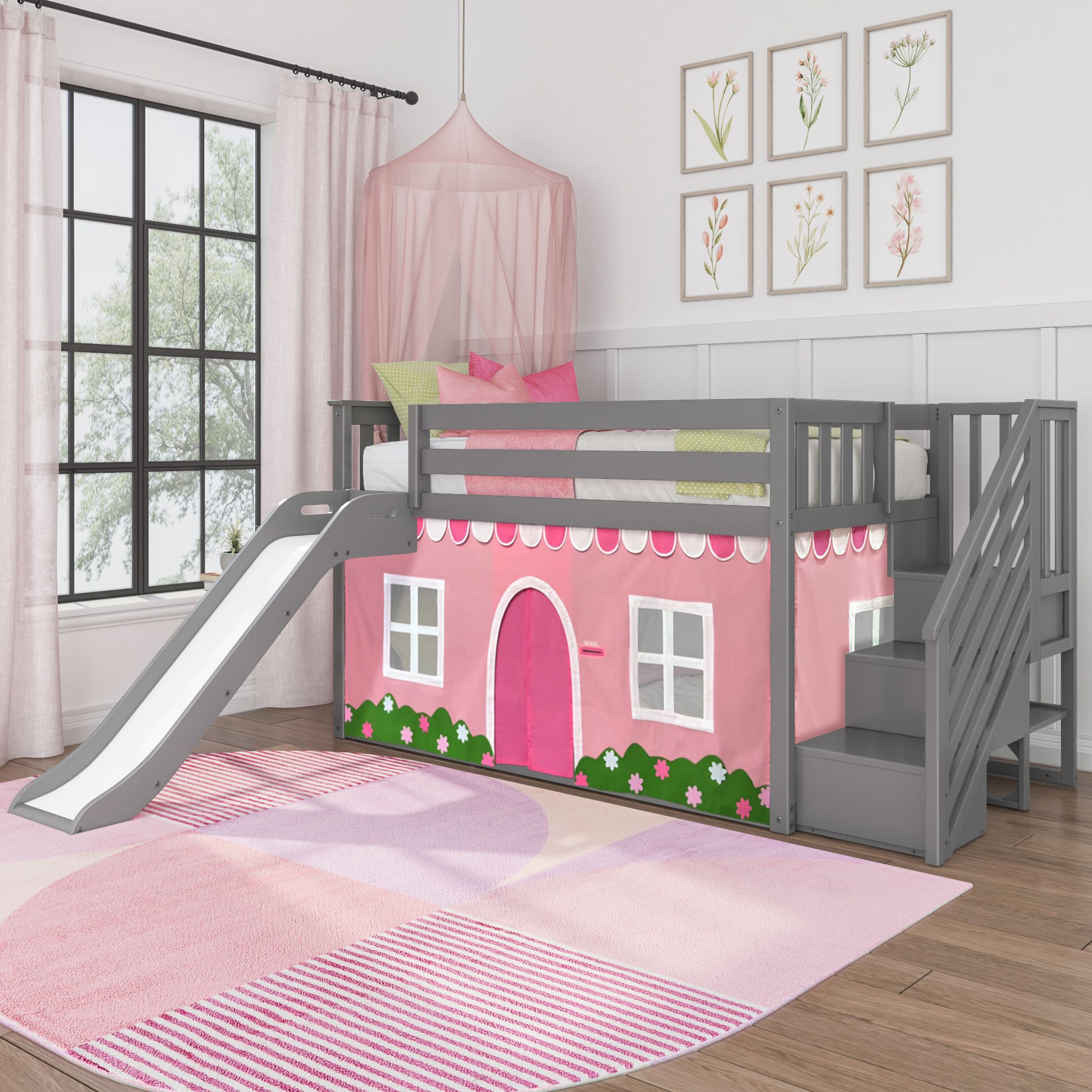 Twin Over Twin Low Bunk Bed with Stairs Easy Slide Pink White Farmhouse Curtain