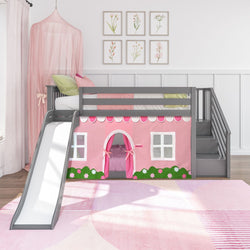 185421121064 : Bunk Beds Low Bunk With Stairs, Easy Slide & Light Pink & White Farmhouse Curtain, Grey