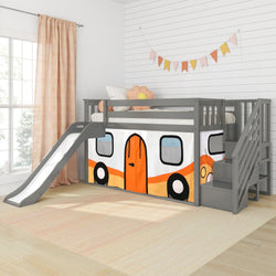 185421121067 : Bunk Beds Low Bunk With Stairs, Easy Slide & Orange Camper Van Curtain, Grey