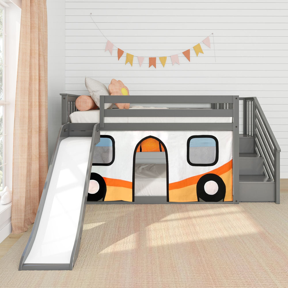 185421121067 : Bunk Beds Low Bunk With Stairs, Easy Slide & Orange Camper Van Curtain, Grey