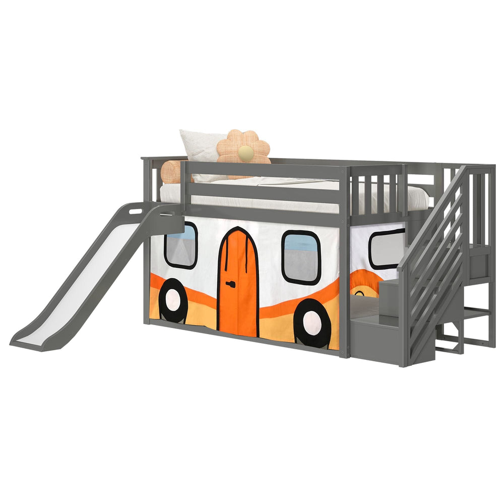 185421121067 : Bunk Beds Low Bunk With Stairs, Easy Slide & Orange Camper Van Curtain, Grey