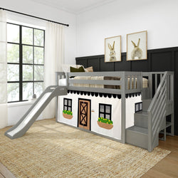 185421121069 : Bunk Beds Low Bunk With Stairs, Easy Slide & Black & White Farmhouse Curtain, Grey